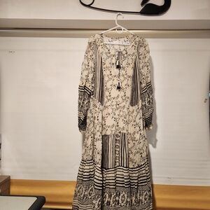 Anthropologie Black and Cream Patterned Long Sleeve Dress